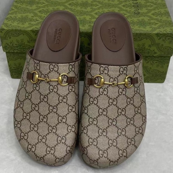 Gucci Brown Monogram Mules with Gold Accent - Picture 1 of 5